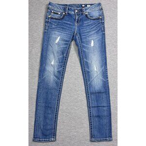 Miss Me Womens Blue Cuffed Skinny Denim Jeans Distressed Embroidered Size 27
